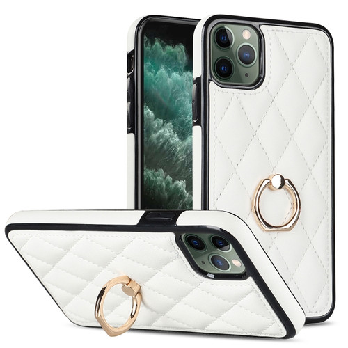 iPhone 11 Pro Max Rhombic PU Leather Phone Case with Ring Holder - White
