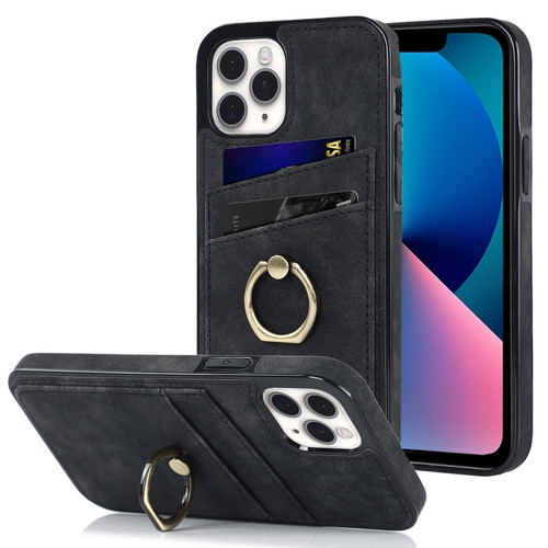 iPhone 11 Pro Max Vintage Patch Leather Phone Case with Ring Holder  - Black
