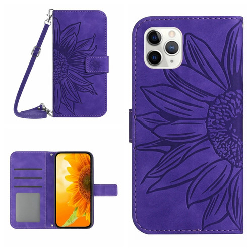 iPhone 11 Pro Max Skin Feel Sun Flower Pattern Flip Leather Phone Case with Lanyard - Dark Purple