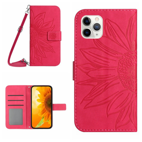 iPhone 11 Pro Max Skin Feel Sun Flower Pattern Flip Leather Phone Case with Lanyard - Rose Red