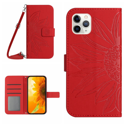 iPhone 11 Pro Max Skin Feel Sun Flower Pattern Flip Leather Phone Case with Lanyard - Red