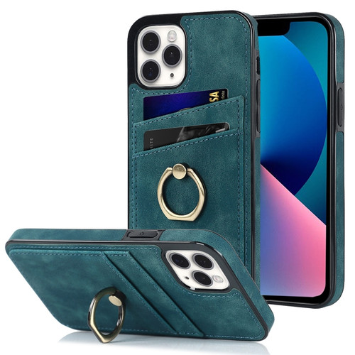 iPhone 11 Pro Max Vintage Patch Leather Phone Case with Ring Holder  - Blue