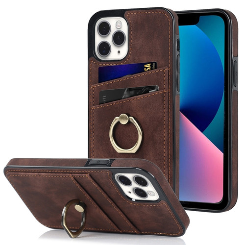 iPhone 11 Pro Max Vintage Patch Leather Phone Case with Ring Holder  - Brown