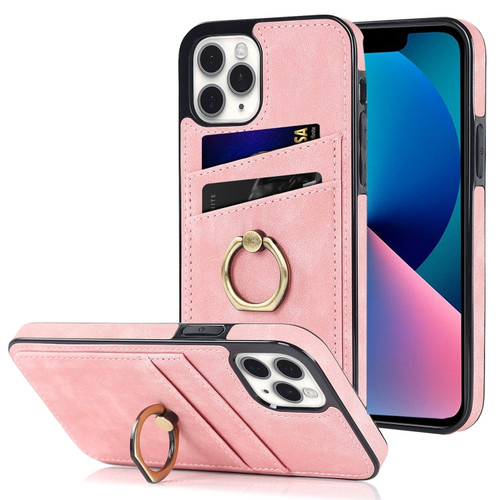 iPhone 11 Pro Max Vintage Patch Leather Phone Case with Ring Holder  - Pink