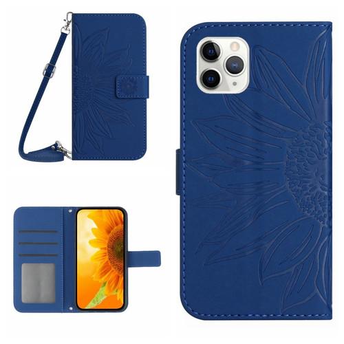 iPhone 11 Pro Max Skin Feel Sun Flower Pattern Flip Leather Phone Case with Lanyard - Dark Blue