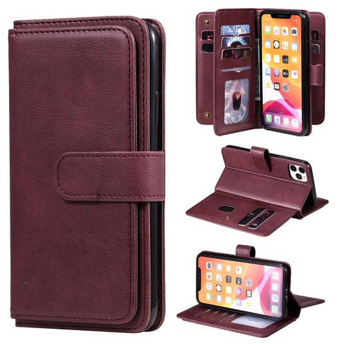 iPhone 11 Pro Max Multifunctional Magnetic Copper Buckle Horizontal Flip Solid Color Leather Case with 10 Card Slots & Wallet & Holder & Photo Frame - Wine Red