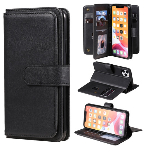 iPhone 11 Pro Max Multifunctional Magnetic Copper Buckle Horizontal Flip Solid Color Leather Case with 10 Card Slots & Wallet & Holder & Photo Frame - Black