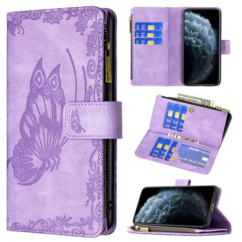 iPhone 11 Pro Max Flying Butterfly Embossing Pattern Zipper Horizontal Flip Leather Case with Holder & Card Slots & Wallet - Purple