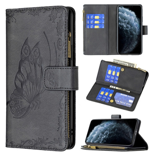 iPhone 11 Pro Max Flying Butterfly Embossing Pattern Zipper Horizontal Flip Leather Case with Holder & Card Slots & Wallet - Black