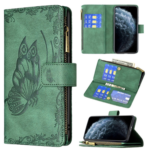 iPhone 11 Pro Max Flying Butterfly Embossing Pattern Zipper Horizontal Flip Leather Case with Holder & Card Slots & Wallet - Green