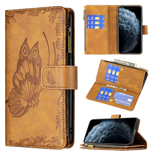 iPhone 11 Pro Max Flying Butterfly Embossing Pattern Zipper Horizontal Flip Leather Case with Holder & Card Slots & Wallet - Brown