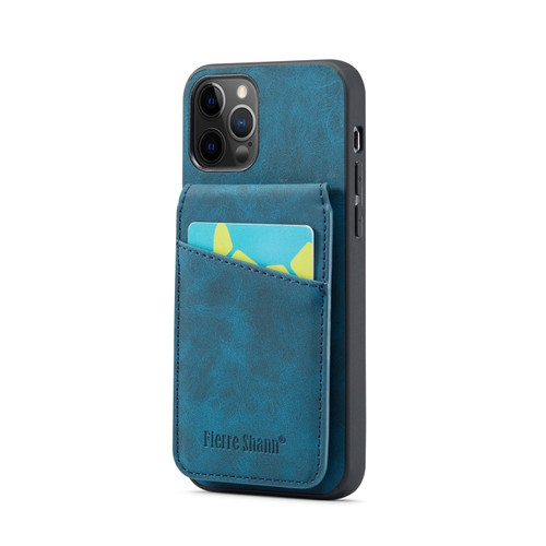iPhone 11 Pro Max Fierre Shann Crazy Horse Card Holder Back Cover PU Phone Case - Blue