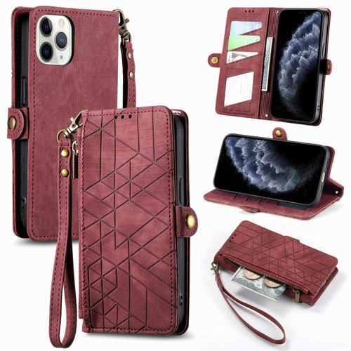 iPhone 11 Pro Max Geometric Zipper Wallet Side Buckle Leather Phone Case - Red