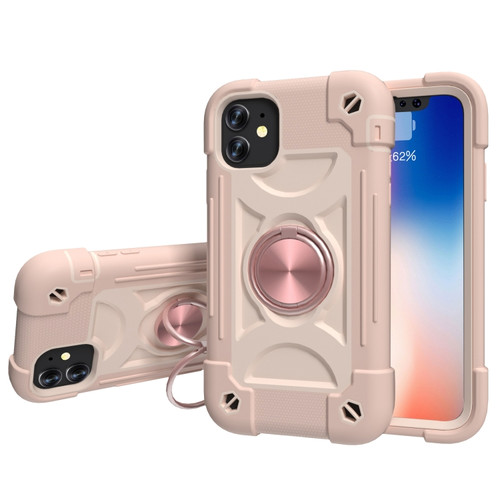 iPhone 11 Pro Max Shockproof Silicone + PC Protective Case with Dual-Ring Holder  - Rose Gold