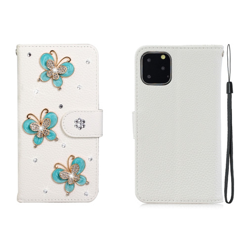 iPhone 11 Pro Max Horizontal Flip Solid Color Rhinestones Leather Case with Card Slot & Wallet & Holder - Three Butterflies