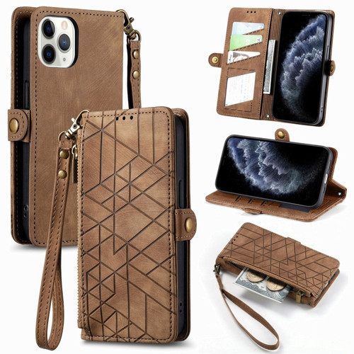 iPhone 11 Pro Max Geometric Zipper Wallet Side Buckle Leather Phone Case - Brown