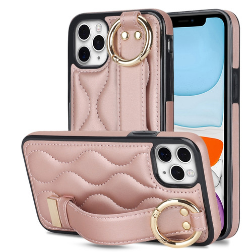 iPhone 11 Pro Max Non-slip Full Coverage Ring PU Phone Case with Wristband - Rose Gold
