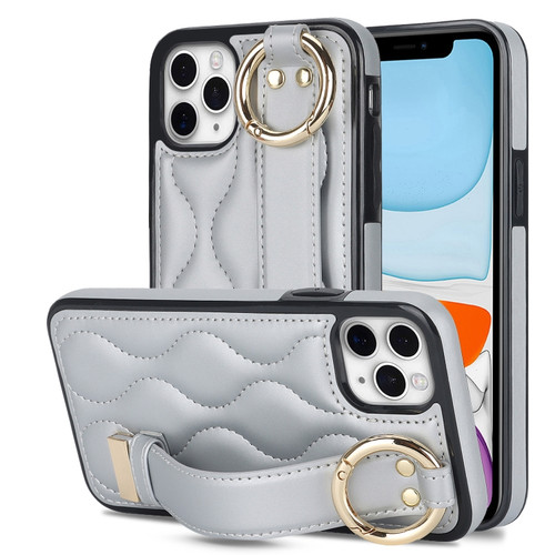 iPhone 11 Pro Max Non-slip Full Coverage Ring PU Phone Case with Wristband - Silver