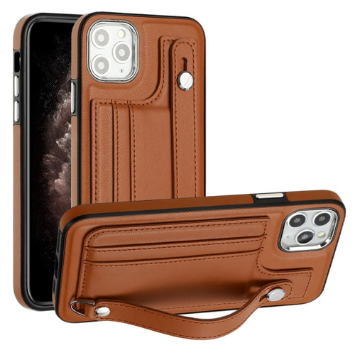 iPhone 11 Pro Max Shockproof Leather Phone Case with Wrist Strap - Brown