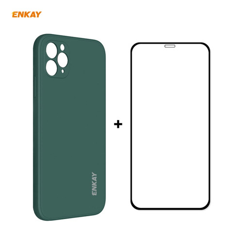 iPhone 11 Pro Max Hat-Prince ENKAY ENK-PC0662 Liquid Silicone Straight Edge Shockproof Protective Case + 0.26mm 9H 2.5D Full Glue Full Coverage Tempered Glass Protector Film - Dark Green