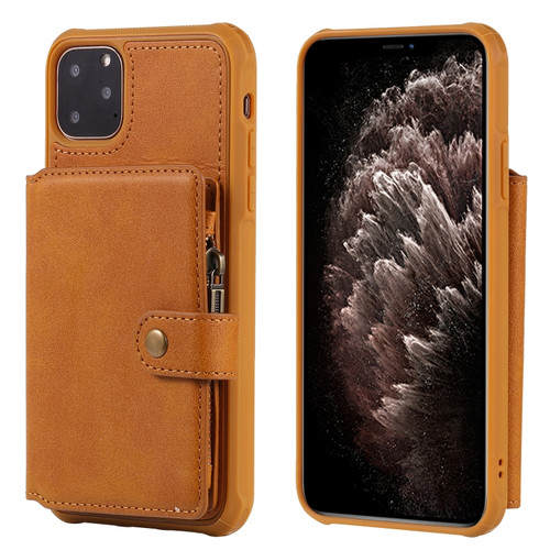 iPhone 11 Pro Max Buckle Zipper Shockproof Protective Case with Holder & Card Slots & Wallet & Lanyard & Photos Frames - Brown