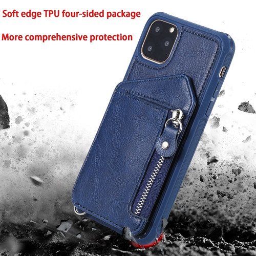 iPhone 11 Pro Max Dual Buckles Zipper Shockproof Back Cover Protective Case with Holder & Card Slots & Wallet & Lanyard & Photos Frames - Red