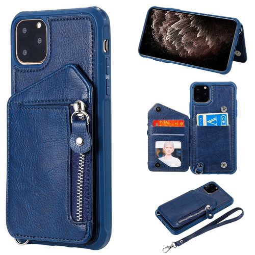 iPhone 11 Pro Max Dual Buckles Zipper Shockproof Back Cover Protective Case with Holder & Card Slots & Wallet & Lanyard & Photos Frames - Blue