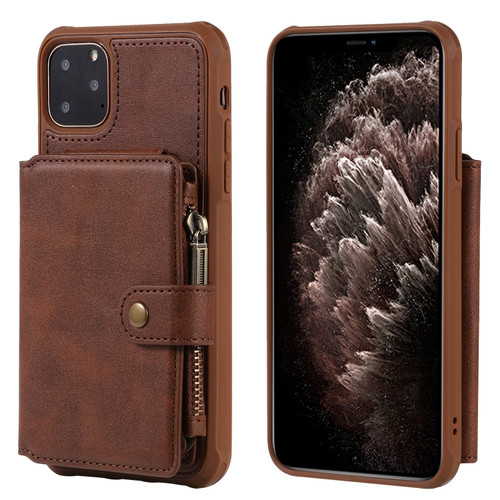 iPhone 11 Pro Max Zipper Shockproof Protective Case with Card Slots & Bracket & Photo Holder & Wallet Function - Coffee