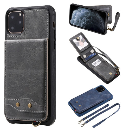 iPhone 11 Pro Max Vertical Flip Shockproof Leather Protective Case with Long Rope, Support Card Slots & Bracket & Photo Holder & Wallet Function - Gray