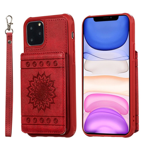 iPhone 11 Pro Max Sunflower Embossing Pattern PU + TPU Case with Holder & Card Slots & Photo Frame & Lanyard - Red