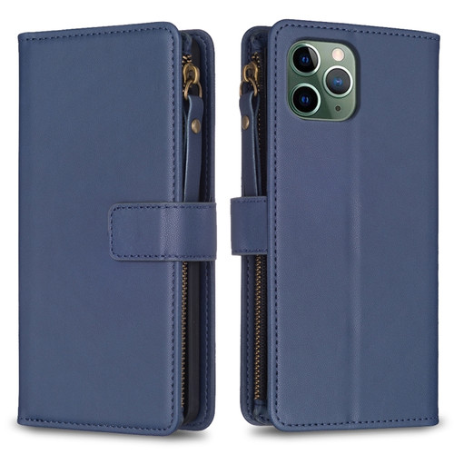iPhone 11 Pro Max 9 Card Slots Zipper Wallet Leather Flip Phone Case - Blue