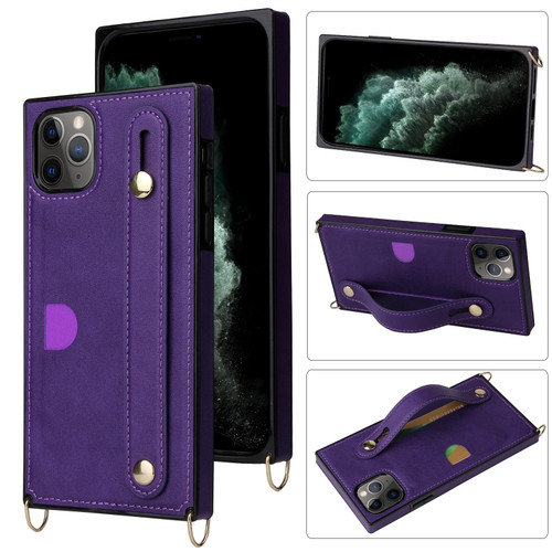 iPhone 11 Pro Max Wrist Strap PU+TPU Shockproof Protective Case with Crossbody Lanyard & Holder & Card Slot - Purple