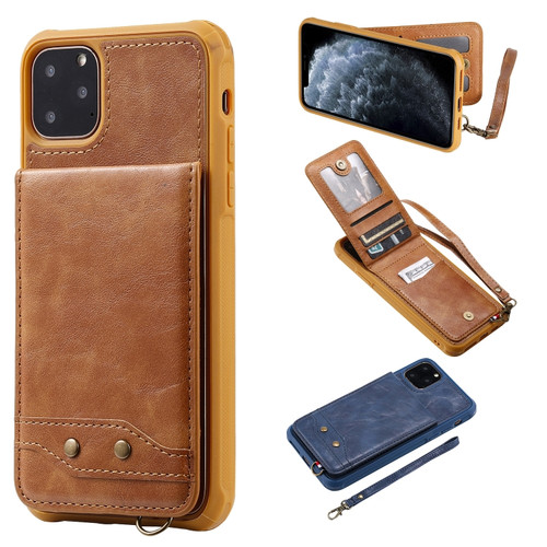 iPhone 11 Pro Max Vertical Flip Shockproof Leather Protective Case with Short Rope, Support Card Slots & Bracket & Photo Holder & Wallet Function - Brown