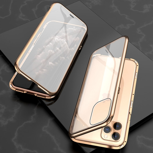 iPhone 11 Pro Max Ultra Slim Double Sides Magnetic Adsorption Angular Frame Tempered Glass Magnet Flip Case - Gold