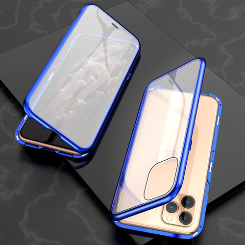iPhone 11 Pro Max Ultra Slim Double Sides Magnetic Adsorption Angular Frame Tempered Glass Magnet Flip Case - Blue