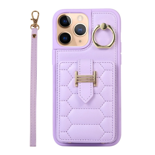 iPhone 11 Pro Max Vertical Card Bag Ring Holder Phone Case with Dual Lanyard - Purple