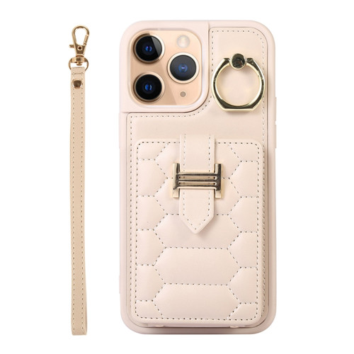 iPhone 11 Pro Max Vertical Card Bag Ring Holder Phone Case with Dual Lanyard - Beige