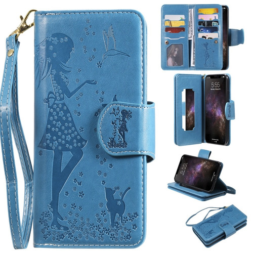 iPhone 11 Pro Max Woman and Cat Embossed Horizontal Flip Leather Case, with Wallet & Holder & Card Slots & Photo Frame & Mirror & Lanyard - Blue