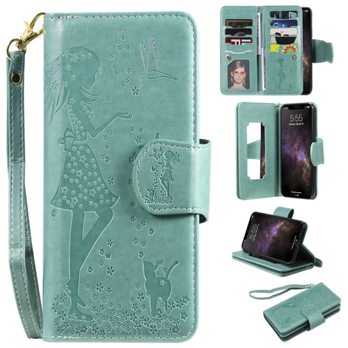 iPhone 11 Pro Max Woman and Cat Embossed Horizontal Flip Leather Case, with Wallet & Holder & Card Slots & Photo Frame & Mirror & Lanyard - Green