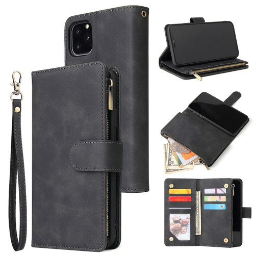 iPhone 11 Pro Max Multifunctional Retro Frosted Horizontal Flip Leather Case with Card Slot & Holder & Zipper Wallet & Photo Frame & Lanyard - Black