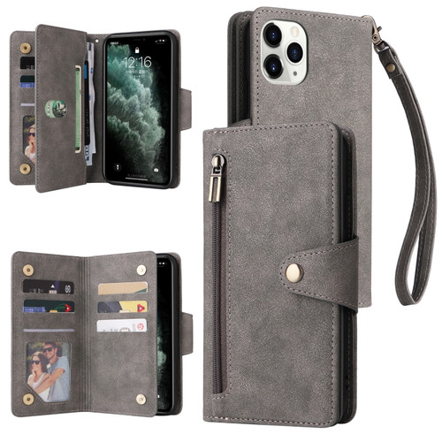 iPhone 11 Pro Max Rivet Buckle 9 Cards Three Fold Leather Phone Case  - Grey