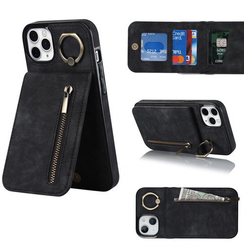 iPhone 11 Pro Max Retro Ring and Zipper RFID Card Slot Phone Case - Black