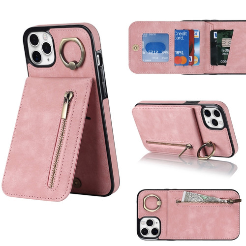 iPhone 11 Pro Max Retro Ring and Zipper RFID Card Slot Phone Case - Pink