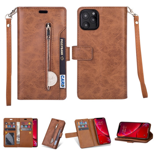 iPhone 11 Pro Max Multifunctional Zipper Horizontal Flip Leather Case with Holder & Wallet & 9 Card Slots & Lanyard - Brown