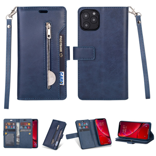 iPhone 11 Pro Max Multifunctional Zipper Horizontal Flip Leather Case with Holder & Wallet & 9 Card Slots & Lanyard - Blue