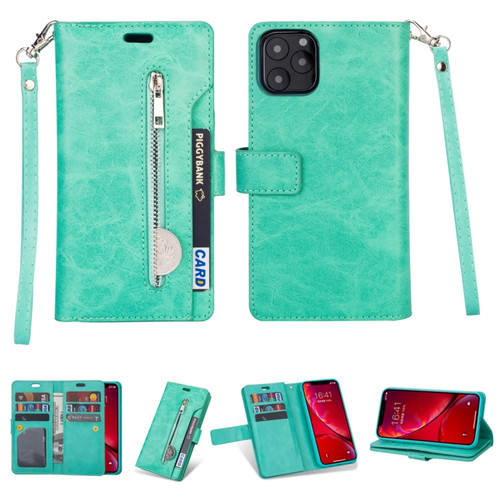 iPhone 11 Pro Max Multifunctional Zipper Horizontal Flip Leather Case with Holder & Wallet & 9 Card Slots & Lanyard - Mint Green