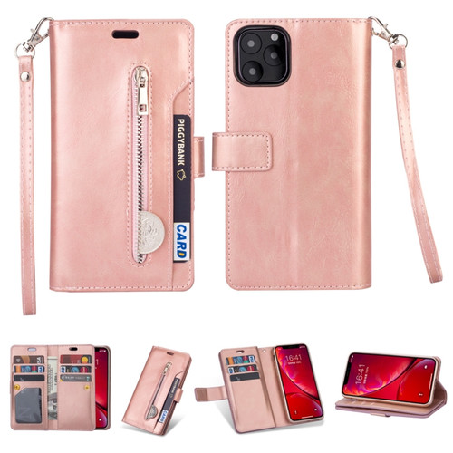 iPhone 11 Pro Max Multifunctional Zipper Horizontal Flip Leather Case with Holder & Wallet & 9 Card Slots & Lanyard - Rose Gold