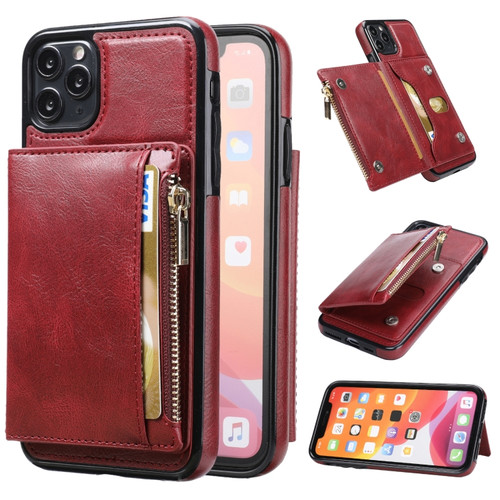 iPhone 11 Pro Max Zipper Wallet Bag PU Back Cover Shockrpoof Phone Case with Holder & Card Slots & Wallet  - Red