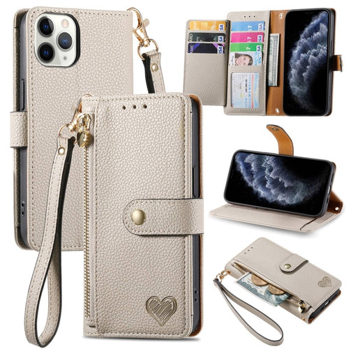 iPhone 11 Pro Max Love Zipper Lanyard Leather Phone Case - Gray