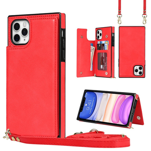 iPhone 11 Pro Max Cross-body Square Double Buckle Flip Card Bag TPU+PU Case with Card Slots & Wallet & Photo & Strap  - Red
